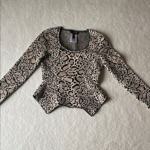 BCBGMaxAzria Beige and Black Leopard-Print Long Sleeve Peplum Top